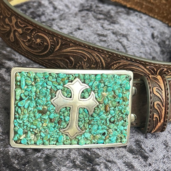 Nocona Turquoise Inlay Silver Cross Brown Leather Belt - Picture 7 of 8